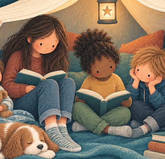 Children reading together in a book den
